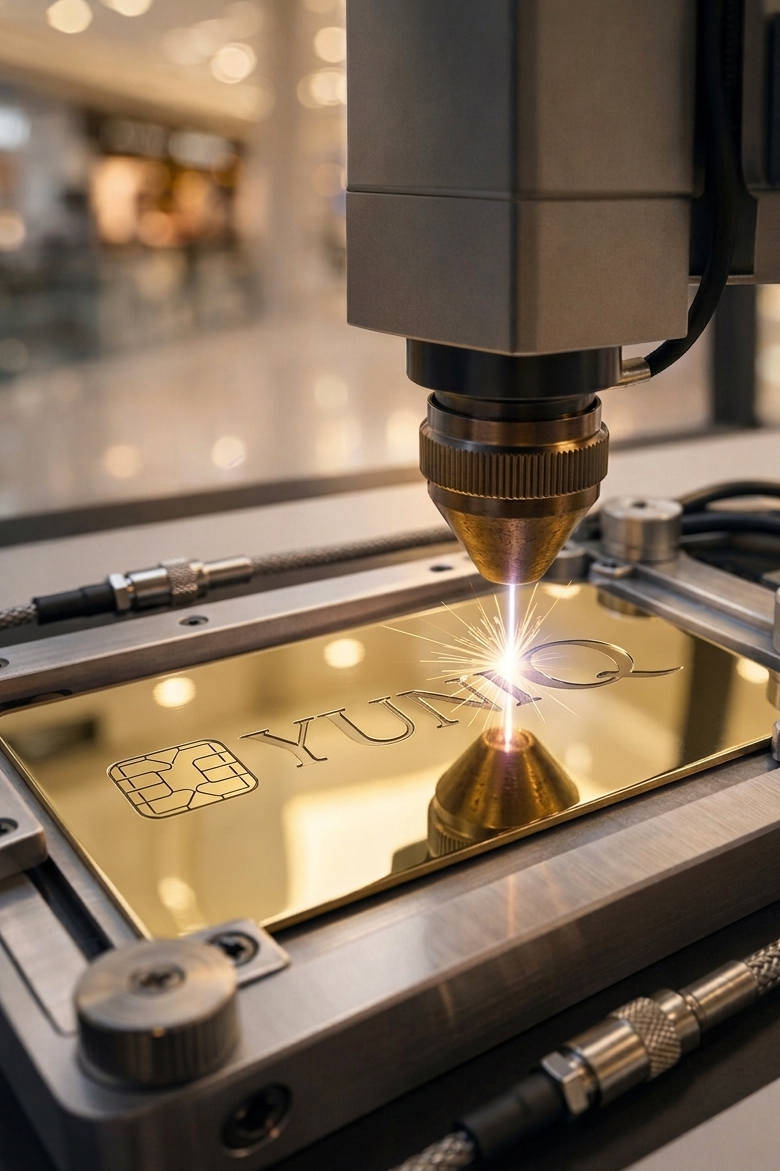 Laser engraving machine on a gold plate with 'YUNIQ' branding.