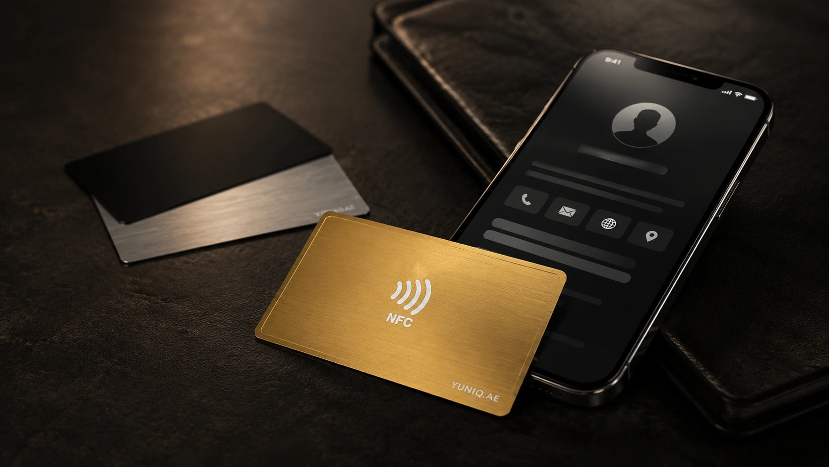 YUNIQ metal NFC card tapping to share a contact profile